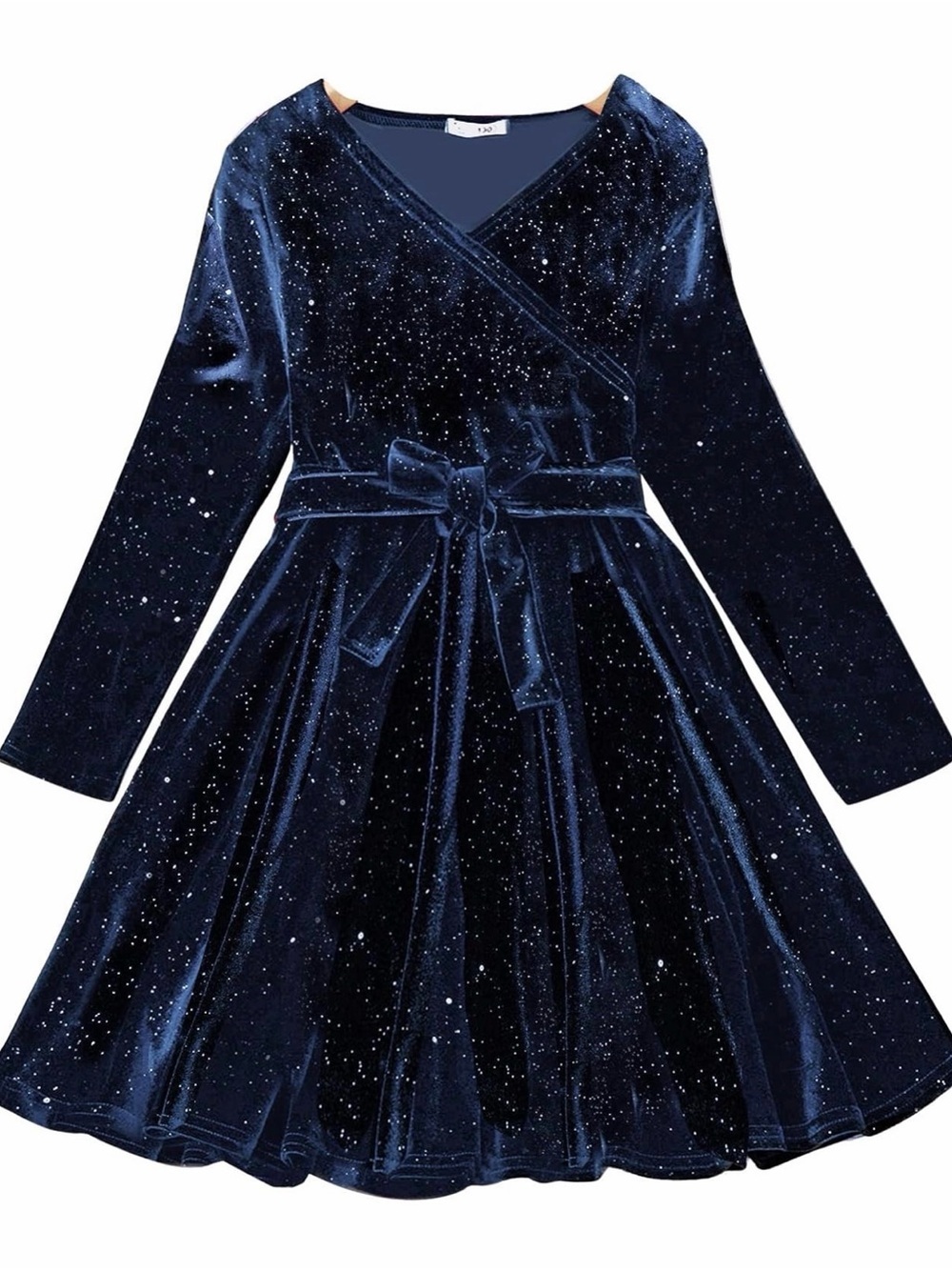 NWOT Girls' Sparkle Navy Velvet Wrap Dress with Waist Tie, 9-10 yrs old